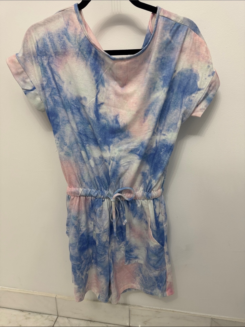 Tie-Dye Drawstring Romper - Blue & Pink